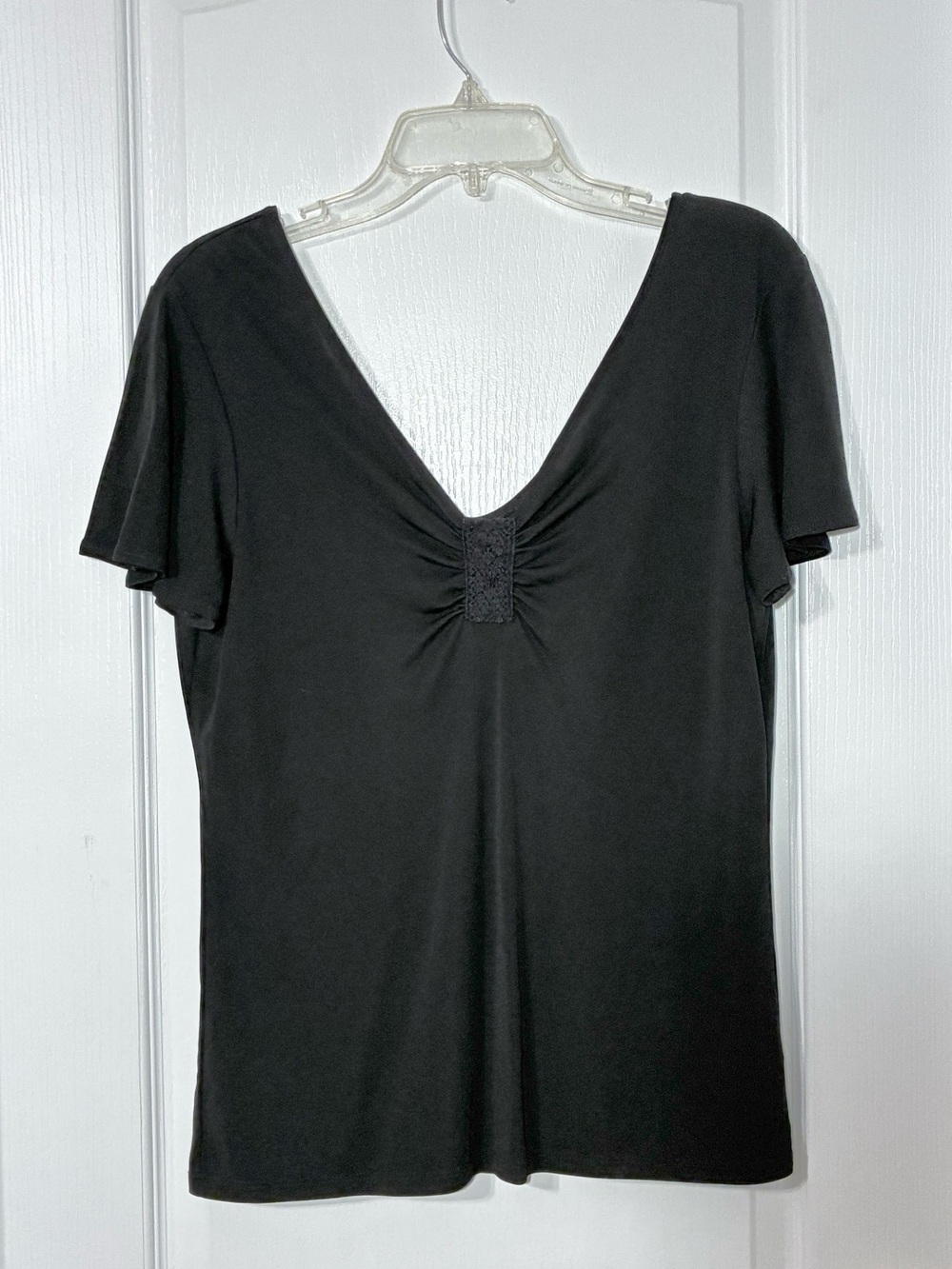 Y2K Nine West Lace Inset Ruched Bust V-Neck Flutter Sleeve Blouse Black Large